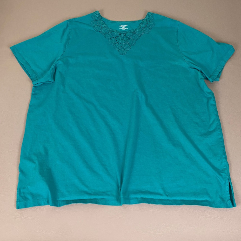 Liz & Me Blouse Top Women's Size 3X 26/28W Teal Green Short Sleeve Crochet Lace